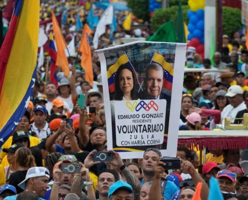 Images of opposition leader Maria Corina Machado and presidential candidate Edmundo Gonzalez during a campaign rally in Maracaibo, Venezuela, on May 2, 2024.